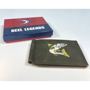 Reel Legends Money Clip Wallet Green Mens Embroidered Bass Fish 4.5 in x 3.25 in